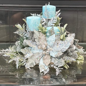 Christmas centerpiece, blue Christmas centerpiece, large Christmas centerpiece, Christmas floral arrangement, light blue Christmas decor
