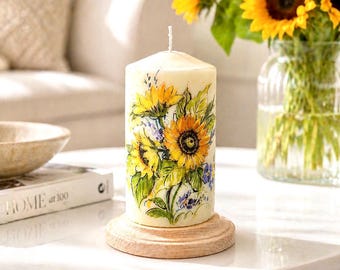 Hand Painted Sunflower Candle, Floral Pillar Candles, Rustic Farmhouse Decor, Botanical Candle Gift, Summer candles, Yellow Flower candles