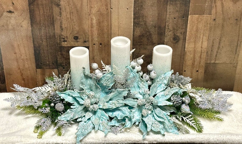 Large blue Christmas centerpiece, large Christmas centerpiece, Christmas floral arrangement, ice blue Christmas decor, XL floral arrangement image 9