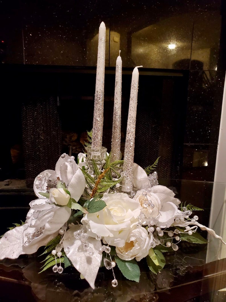 Wedding centerpiece, wedding candle holder, bridal shower decor, Designer centerpiece, white roses centerpiece, crystal centerpiece, image 4