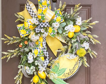 Corona de limón, corona de primavera, decoración de limón, decoración de puerta de limón, corona grande de primavera, corona de verano, lazo de limón, limones de toque real, signo de limón