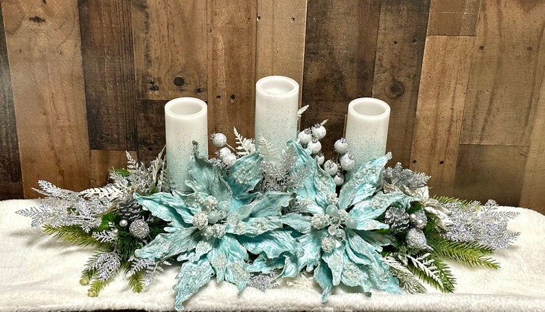 Large blue Christmas centerpiece, large Christmas centerpiece, Christmas floral arrangement, ice blue Christmas decor, XL floral arrangement image 4