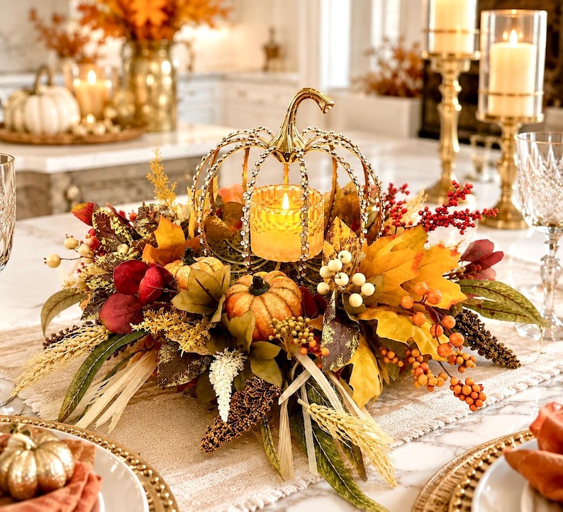 May include: A decorative centerpiece featuring a gold-toned metal pumpkin frame with crystal accents, surrounding a lit votive candle. The arrangement includes artificial autumn leaves in shades of orange, yellow, and red, small pumpkins, and berries.