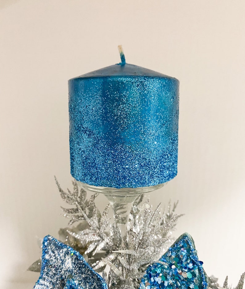 Christmas Centerpiece, Blue Christmas centerpiece, blue centerpiece, blue poinsettias, designer candles, designer centerpiece, image 6