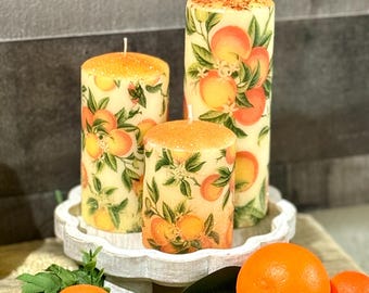 orange candles, summer candles, spring pillar candles, orange hand crafted candles, citrus hand crafted candles, gift for mom, gift idea