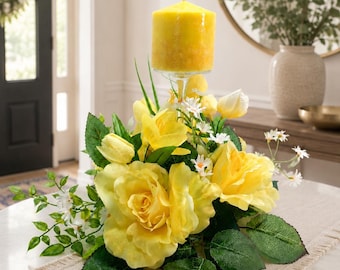 Yellow Rose Candle Centerpiece, Spring Floral Table Decor, Farmhouse Candle Holder Arrangement, Easter Centerpiece, Wedding Table Decor