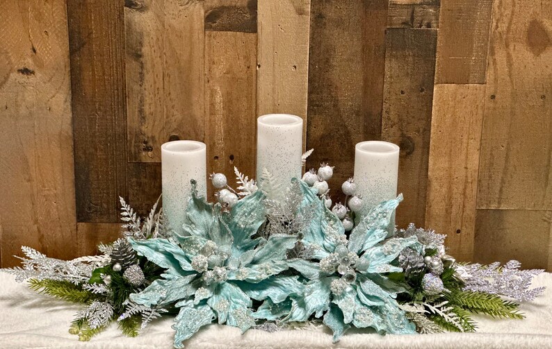 Large blue Christmas centerpiece, large Christmas centerpiece, Christmas floral arrangement, ice blue Christmas decor, XL floral arrangement image 5