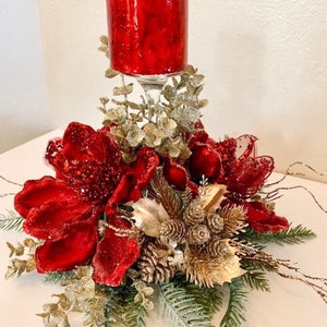 Christmas centerpiece, Red Christmas Centerpiece, Red Magnolia centerpiece, Christmas decor, Christmas candle holder, Red Centerpiece,