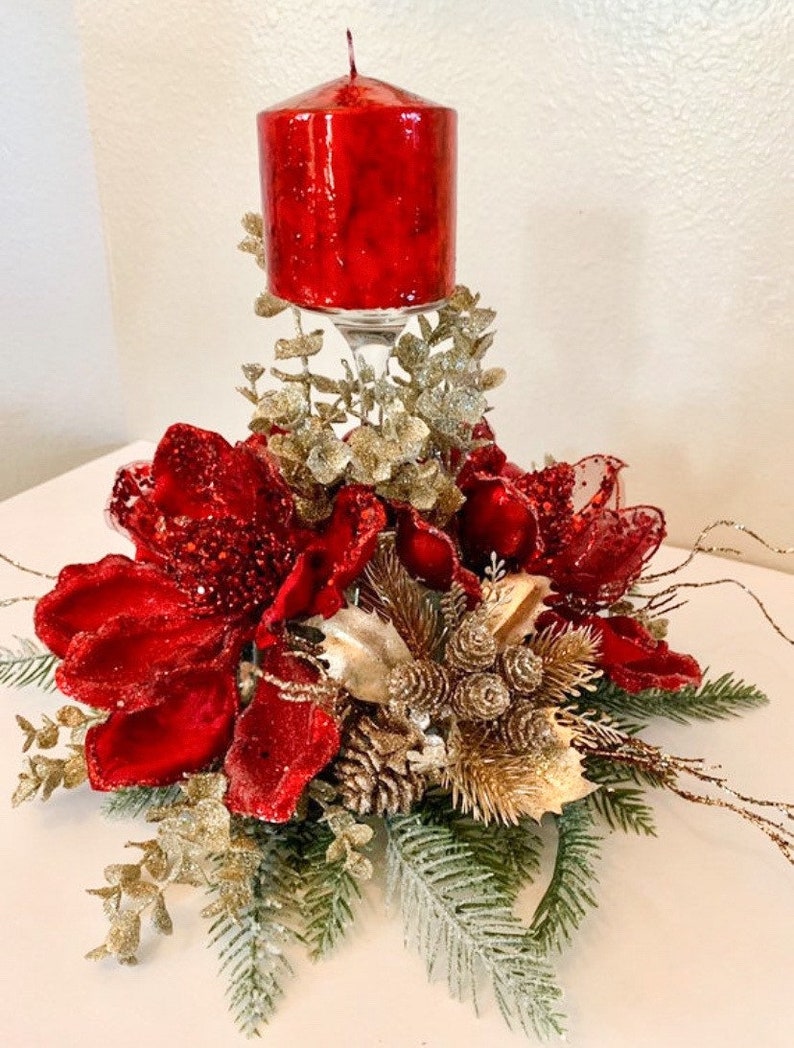 Christmas centerpiece, Red Christmas Centerpiece, Red Magnolia centerpiece, Christmas decor, Christmas candle holder, Red Centerpiece, image 1