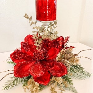 Christmas centerpiece, Red Christmas Centerpiece, Red Magnolia centerpiece, Christmas decor, Christmas candle holder, Red Centerpiece, image 3