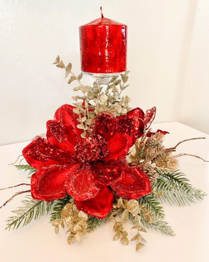 Christmas centerpiece, Red Christmas Centerpiece, Red Magnolia centerpiece, Christmas decor, Christmas candle holder, Red Centerpiece, image 3