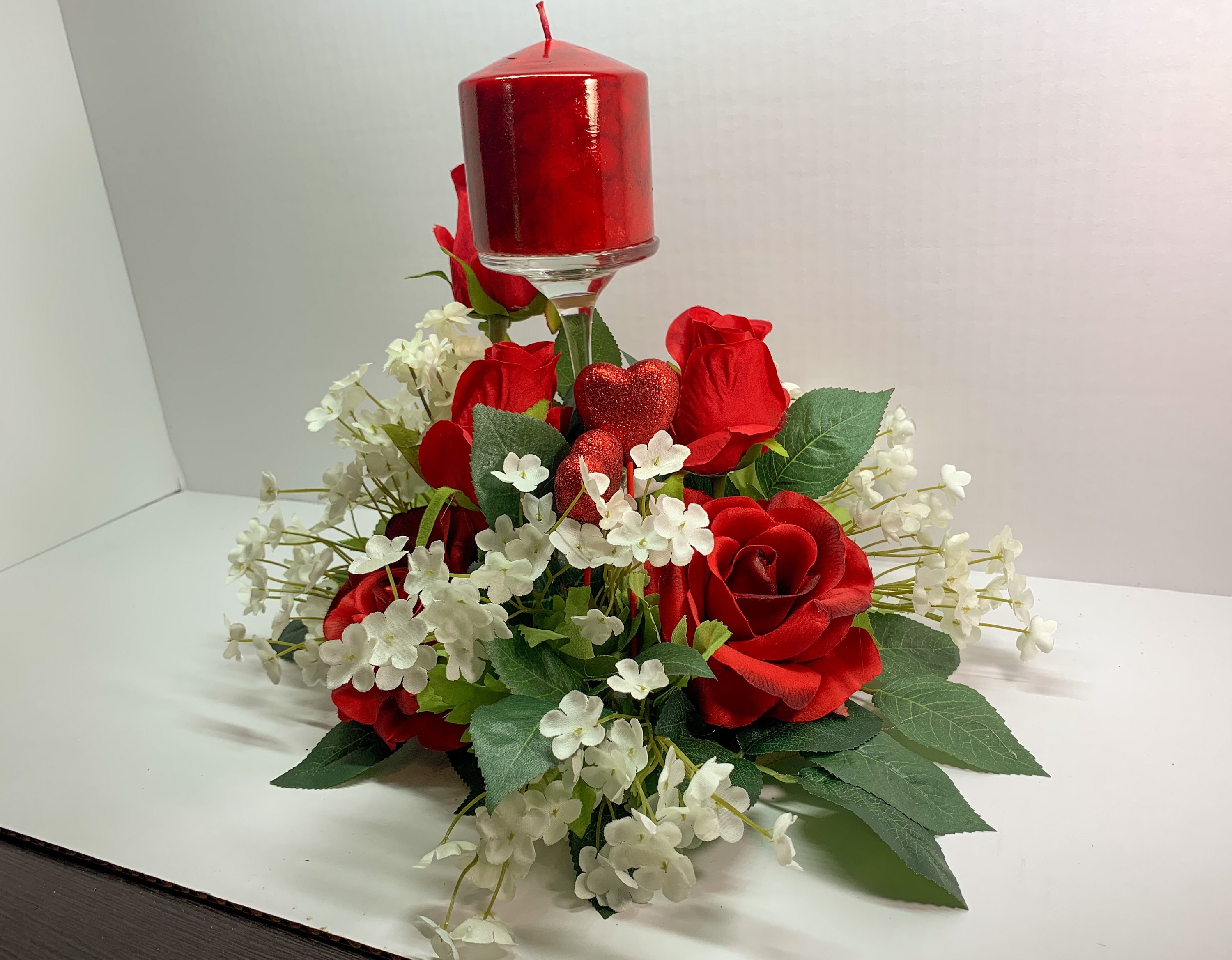 Gift for Her, Red Roses Centerpiece, Red Roses Candle Stand, Roses ...