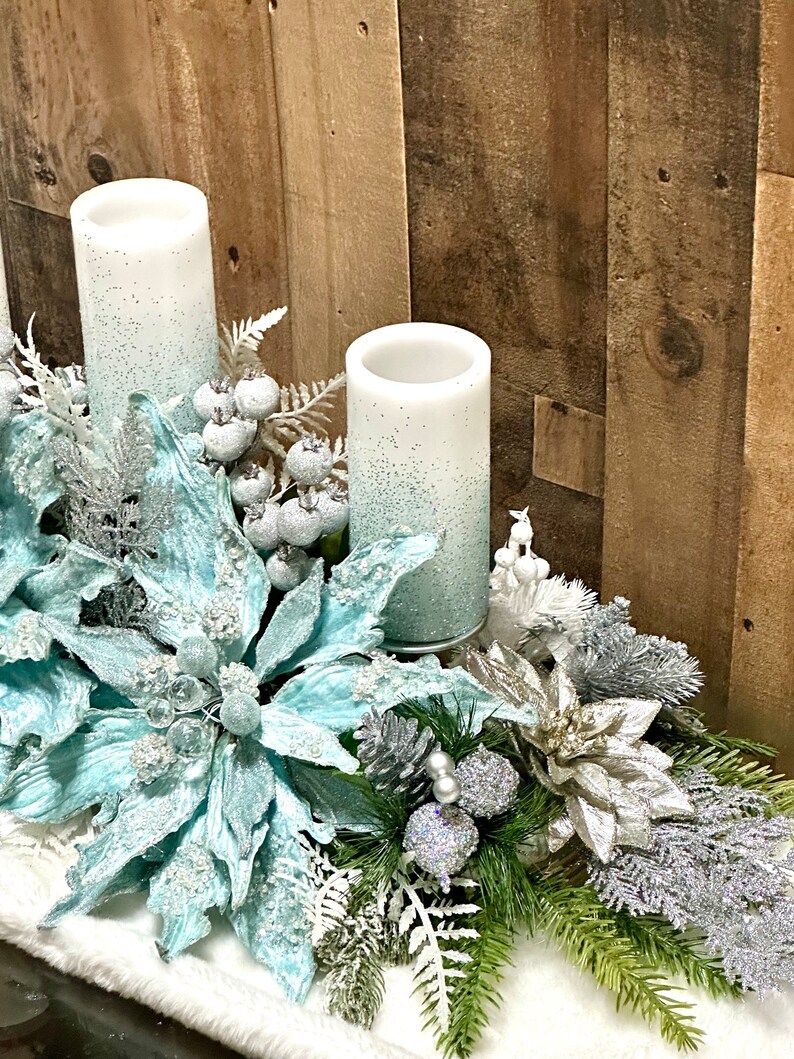 Large blue Christmas centerpiece, large Christmas centerpiece, Christmas floral arrangement, ice blue Christmas decor, XL floral arrangement image 7