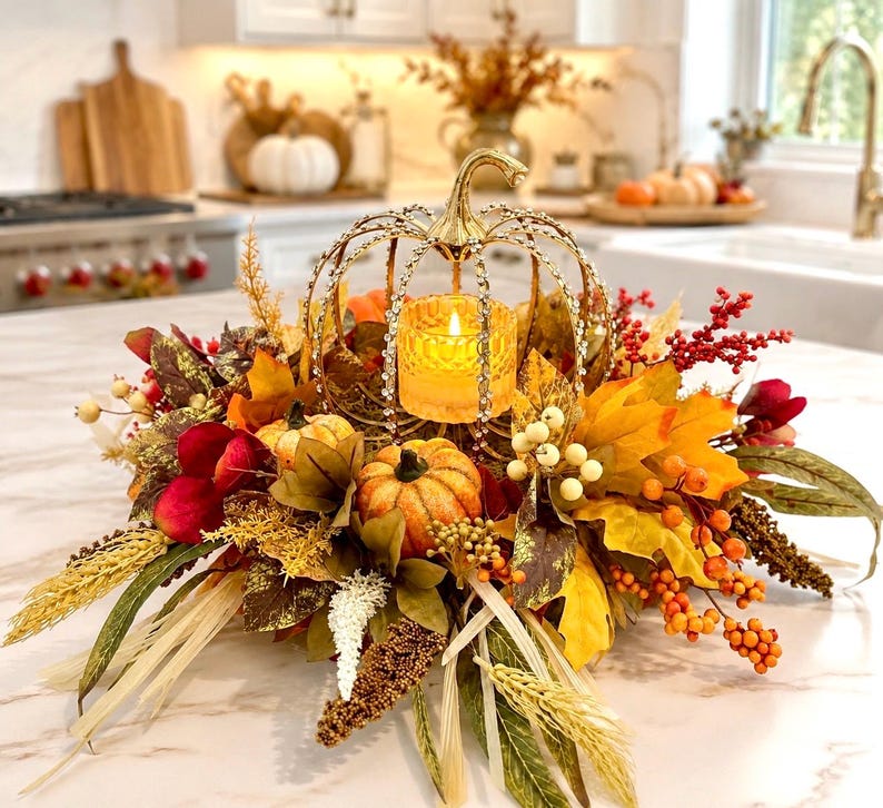 May include: A decorative centerpiece featuring a gold-toned metal pumpkin frame with crystal accents, holding a glowing votive candle. It is surrounded by an arrangement of artificial autumn foliage, including orange pumpkins, red berries, and wheat.