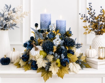 Fall centerpiece, Navy Blue Fall Centerpiece, Pumpkin Candle Arrangement, Thanksgiving Table Decor, Blue Floral Centerpiece, Autumn Decor