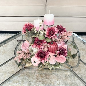 Fall centerpiece, pink fall centerpiece, pink fall floral arrangement, fall floral arrangement, velvet pumpkins, thanksgiving centerpiece,