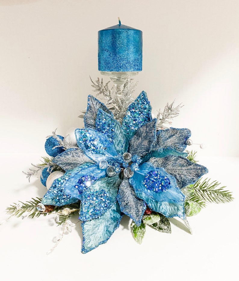 Christmas Centerpiece, Blue Christmas centerpiece, blue centerpiece, blue poinsettias, designer candles, designer centerpiece, image 1