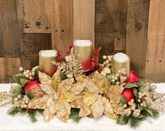 Christmas Centerpiece, Christmas floral arrangement, Christmas poinsettias, large centerpiece, Christmas decor, red gold floral centerpiece,