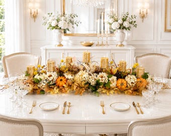 May include: A long dining table centrepiece featuring gold pillar candles, orange pumpkins, white flowers, and dried autumn leaves. The arrangement is placed on a white oval table set with white plates, gold forks, gold knives, and gold spoons.