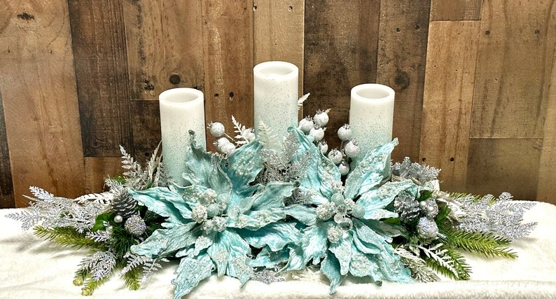 Large blue Christmas centerpiece, large Christmas centerpiece, Christmas floral arrangement, ice blue Christmas decor, XL floral arrangement image 3