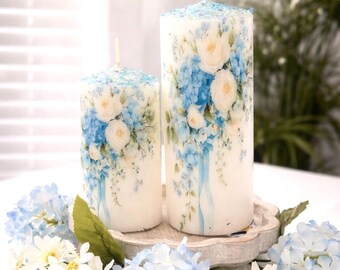 Blue Hydrangea Floral Pillar Candle Set, Handmade Decorative Candle, Wedding candles, Gift for Mom, Home Decor, Hydrangea Rose Pillar Candle