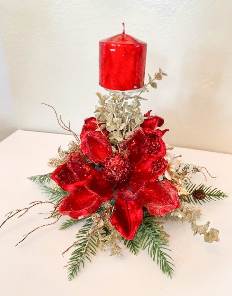 Christmas centerpiece, Red Christmas Centerpiece, Red Magnolia centerpiece, Christmas decor, Christmas candle holder, Red Centerpiece, image 4