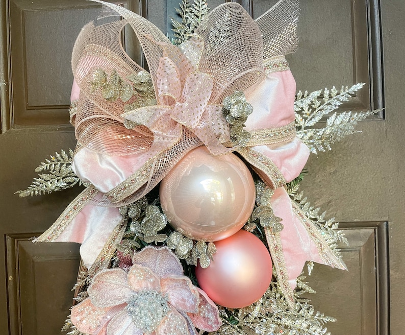 Christmas swag, pink Christmas swag, Christmas swag for front door, pink Christmas decor, pink Magnolia, Christmas decor, Christmas wreath image 5