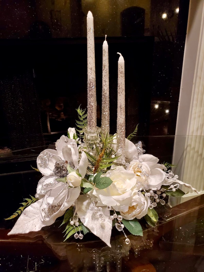 Wedding centerpiece, wedding candle holder, bridal shower decor, Designer centerpiece, white roses centerpiece, crystal centerpiece, image 1