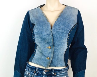 Vintage Lee Distressed Denim Jacket With a Sorted Patchwork 1970s