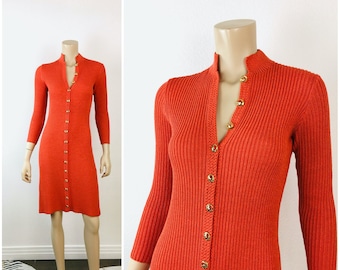 Vintage 1970s ST JOHN KNITS / Lillie Rubin Orange Ribbed Sweater Knit / Knitwear Dress