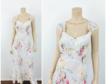 Vintage 1930s White FLORAL PRINT Bias Cut NIGHTGOWN Boho Wedding Dress / 1940s Nightgown