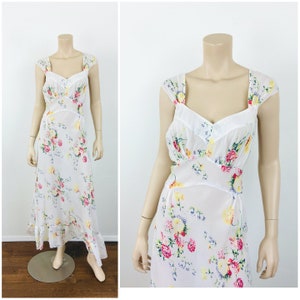 Vintage 1930s White FLORAL PRINT Bias Cut NIGHTGOWN Boho Wedding Dress / 1940s Nightgown