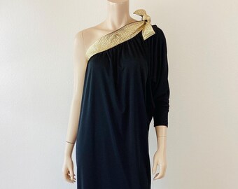 Vintage 1980s BILL TICE Black & GOLD Metallic One Shoulder Caftan Dress / Boho Glam