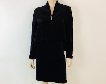 Vintage 1980s THIERRY MUGLER Black Cotton Velvet Cropped Jacket & Skirt Suit Avant Garde