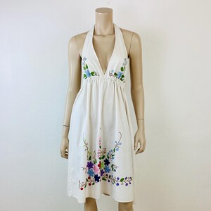 Vintage 1970s FLORAL EMBROIDERED Cotton Backless Halter Dress / Hippie / Boho