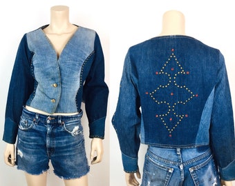 Vintage 1970s STUDDED PATCHWORK DENIM Hippie Boho Festival Jacket