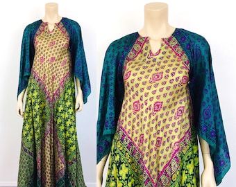 Vintage 1970s ADINI Style SILK PATCHWORK Scarf Hippie Boho Maxi Caftan Dress