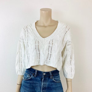 Vintage 1980s CROPPED White CABLE KNIT Sweater Top