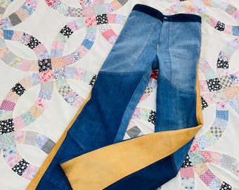 70s Vintage ANTONIO GUISEPPE Patchwork Denim & LEATHER Bellbottom Jeans 1970s