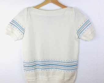 Vintage 1960s ANDRES COURREGES White & SILVER Metallic and Blue Stripe Pullover Sweater