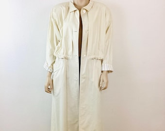Vintage 1980s CREAM TRENCH Style Rolled Up Sleeve Drawstring Lightweight Coat