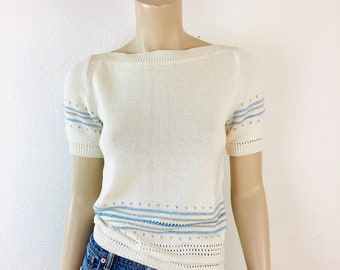 Vintage 1960s ANDRES COURREGES White & SILVER Metallic and Blue Stripe Pullover Sweater