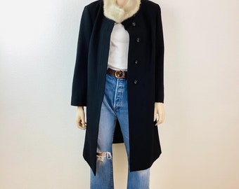 Vintage 1960s MOD Black MINK FUR Collar Wool Coat / Overcoat