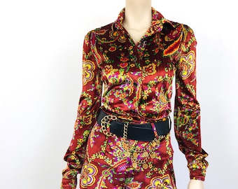 Vintage 1970s SANT ANGELO Panne VELVET Paisley Print Hot Pants / Shorts & Top Set Suit / Boho Style