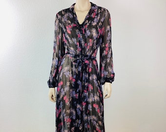 Vintage 1970s BLACK SHEER FLORAL Print Pin Tuck Pleated Dress