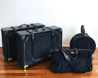 Vintage FRENCH COMPANY Black & Grey PINSTRIPE Suitcase Luggage Set / Carry On / Hatbox