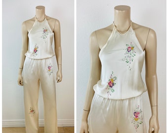 Vintage 1970s 30s Style SILK CHARMEUSE Floral Painted Ivory Backless Lounge Halter Jumpsuit