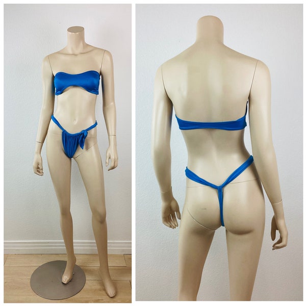 Vintage 1980s / 1990s NORMA KAMALI Blue Skimpy Strapless Thong Bikini / Bathing Suit