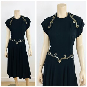 Vintage 1930s 1940s SCROLL BEADED Black Crepe Rayon Drop Waist Dress