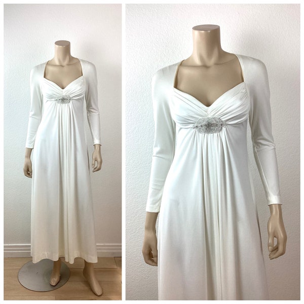 Vintage EVA GABOR White Empire Waist Maxi Dress Gown / Vintage Wedding